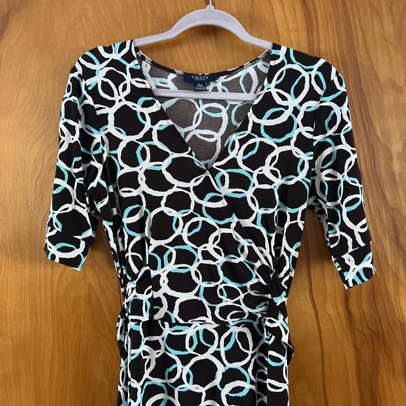 Chaps brown blue white V-neck short sleeve faux wrap tie polyester dress. - Picture 2 of 5